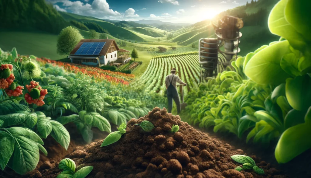 Sustainable Farming A close up and wide aspect photorealistic illustration of sustainable farming. The scene features lush green fields with various crops, a farmer using (1)