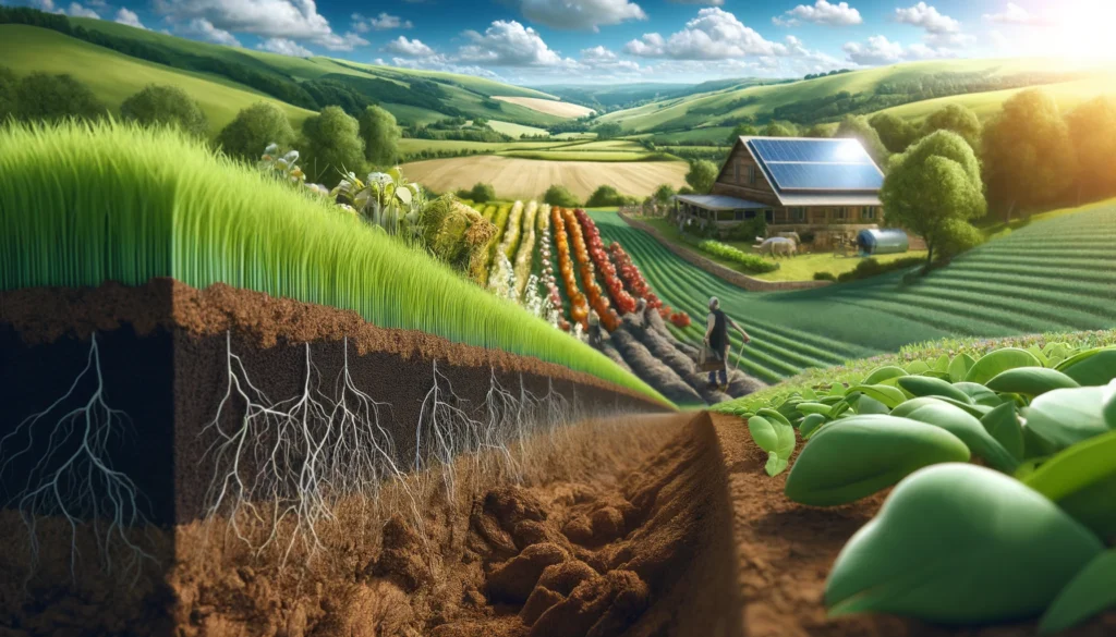 Sustainable Farming EU A close up and wide aspect photorealistic illustration of sustainable farming. The scene features lush green fields with various crops, a farmer using (2)